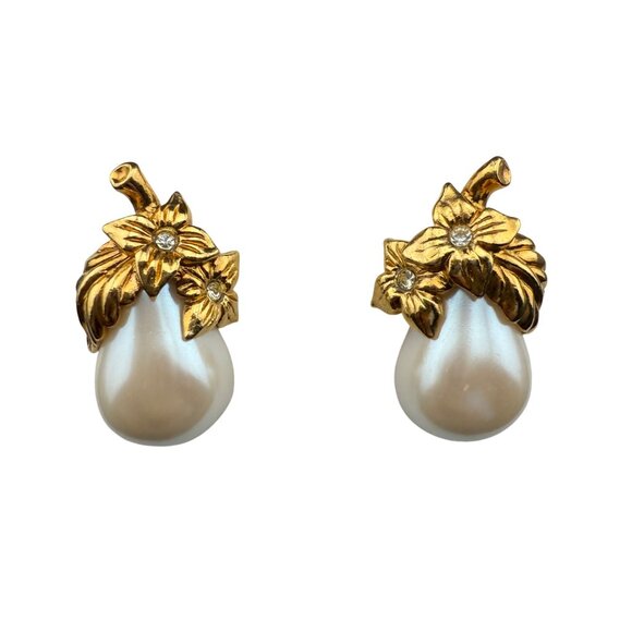Vintage Avon Gold-Tone Faux Pearl & Flower Earrings With Rhinestone Accents Eleg - Picture 1 of 8